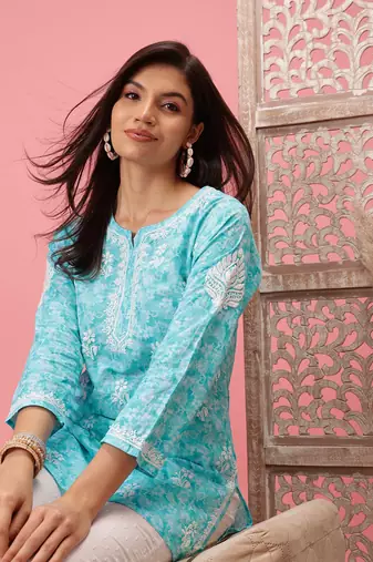 Hand Crafted Blue Cotton Lucknowi Chikankari Indian Women Short Kurti
