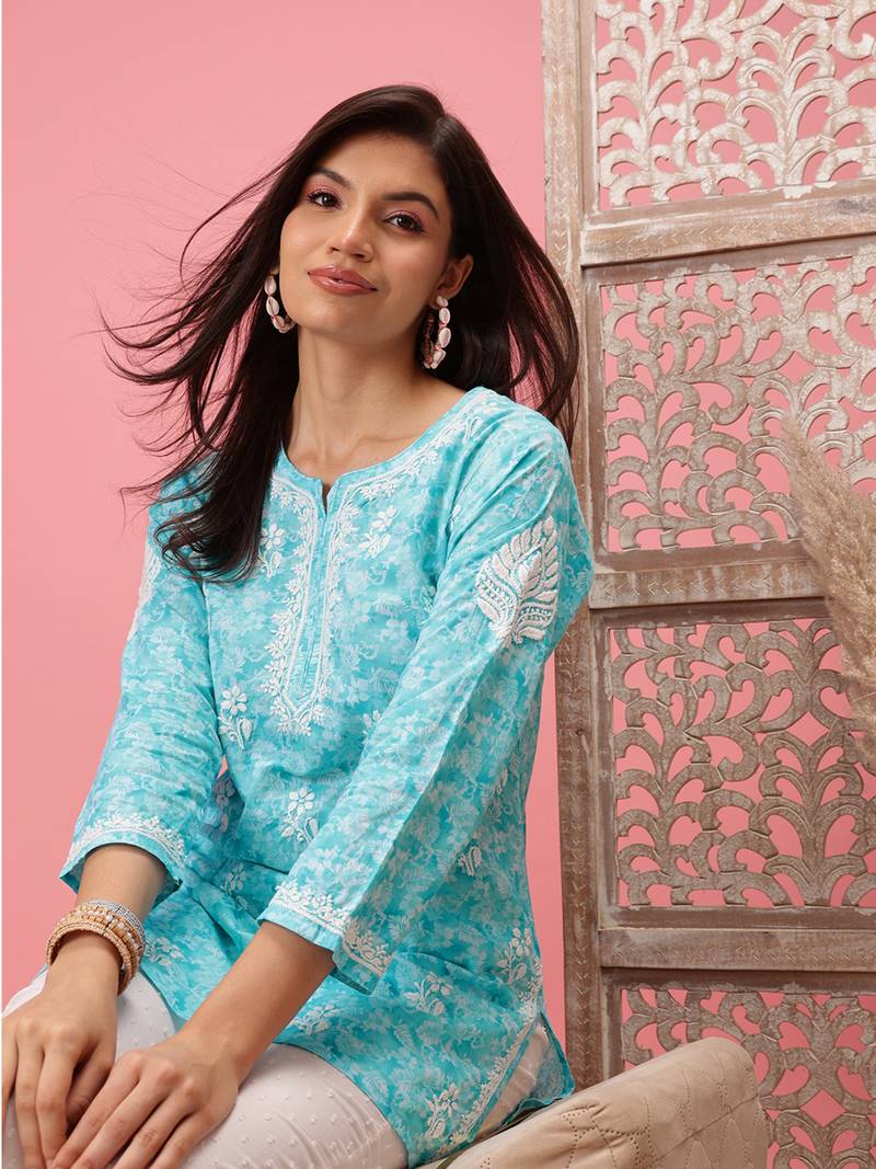 Hand Crafted Blue Cotton Lucknowi Chikankari Indian Women Short Kurti