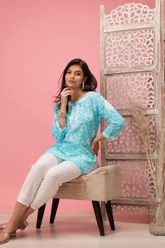 Hand Crafted Blue Cotton Lucknowi Chikankari Indian Women Short Kurti