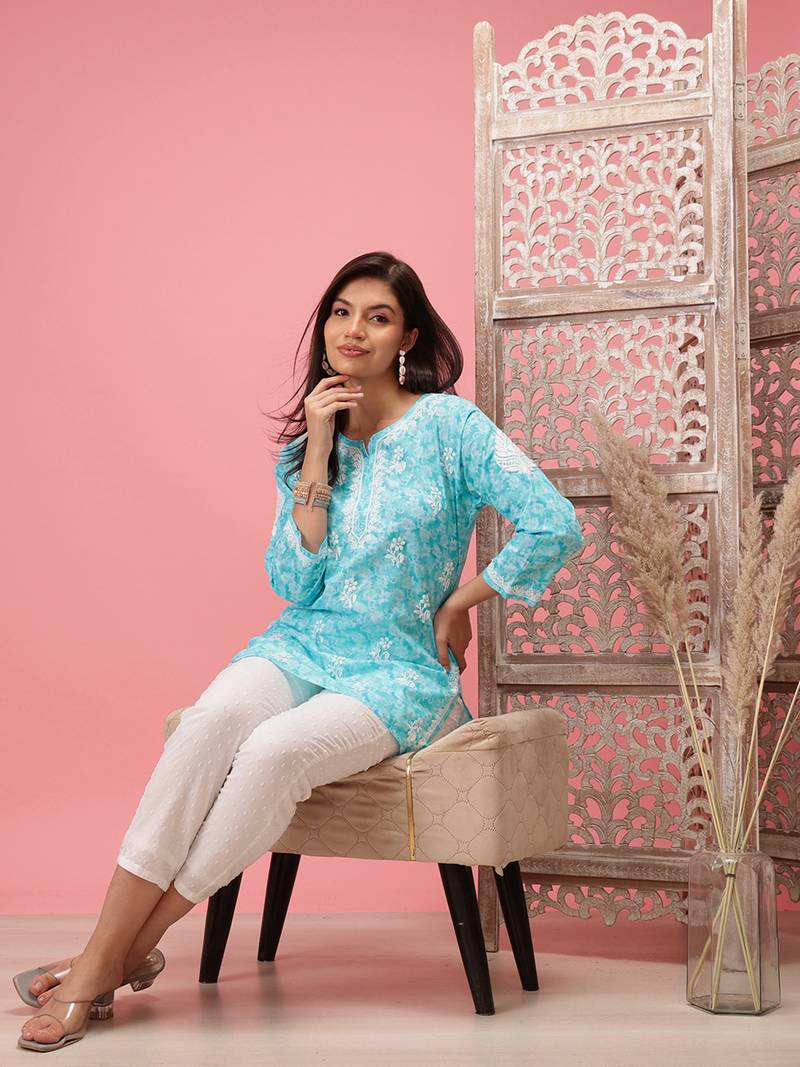 Hand Crafted Blue Cotton Lucknowi Chikankari Indian Women Short Kurti