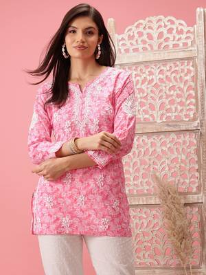 Handmade Pink Cotton Lucknowi Chikankari Straight Indian Women Short Kurti 1