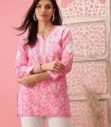 Handmade Pink Cotton Lucknowi Chikankari Straight Indian Women Short Kurti
