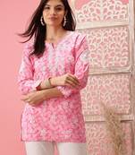 Handmade Pink Cotton Lucknowi Chikankari Straight Indian Women Short Kurti
