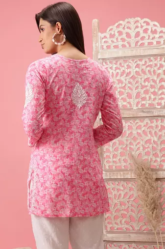 Handmade Pink Cotton Lucknowi Chikankari Straight Indian Women Short Kurti