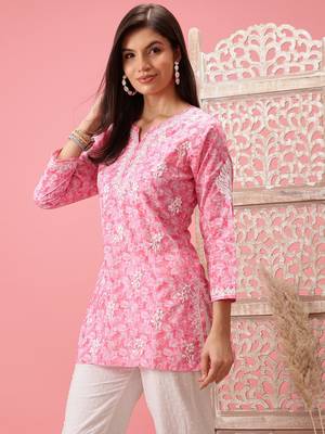 Handmade Pink Cotton Lucknowi Chikankari Straight Indian Women Short Kurti 3