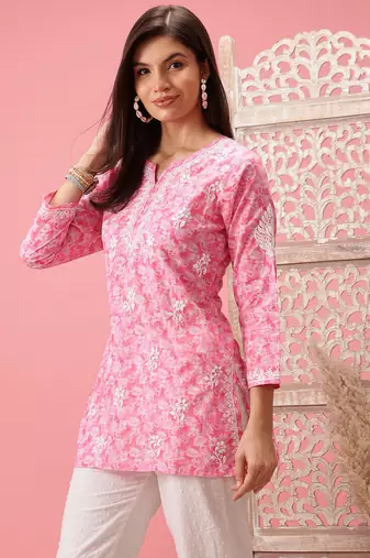Handmade Pink Cotton Lucknowi Chikankari Straight Indian Women Short Kurti