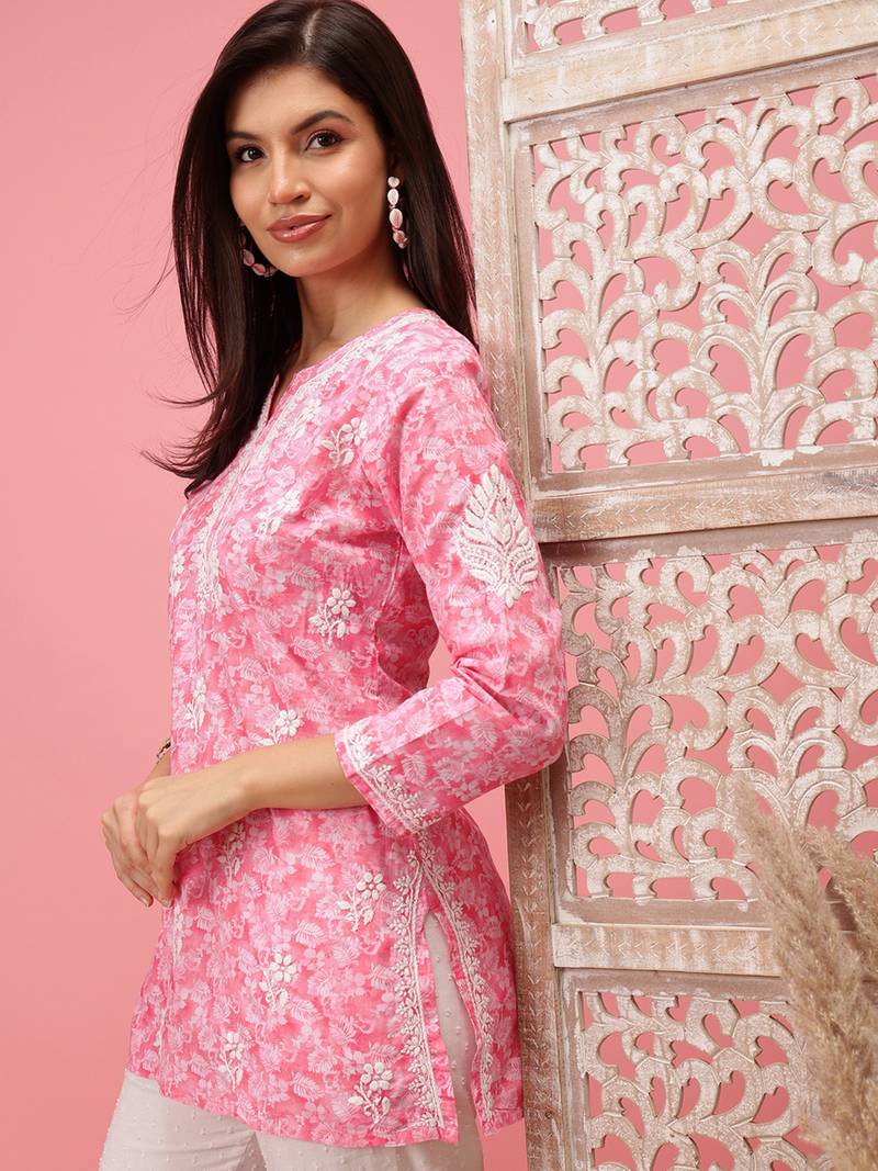 Handmade Pink Cotton Lucknowi Chikankari Straight Indian Women Short Kurti