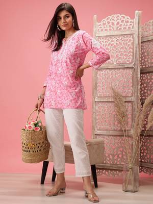 Handmade Pink Cotton Lucknowi Chikankari Straight Indian Women Short Kurti 5