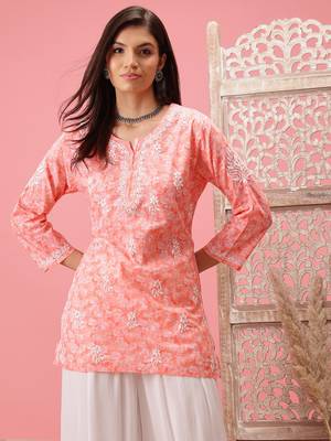 Hand Crafted Peach Cotton Lucknowi Chikankari Indian Women Short Kurti 1