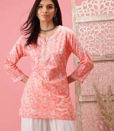 Hand Crafted Peach Cotton Lucknowi Chikankari Indian Women Short Kurti