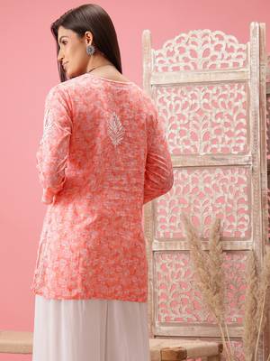 Hand Crafted Peach Cotton Lucknowi Chikankari Indian Women Short Kurti 2