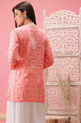 Hand Crafted Peach Cotton Lucknowi Chikankari Indian Women Short Kurti