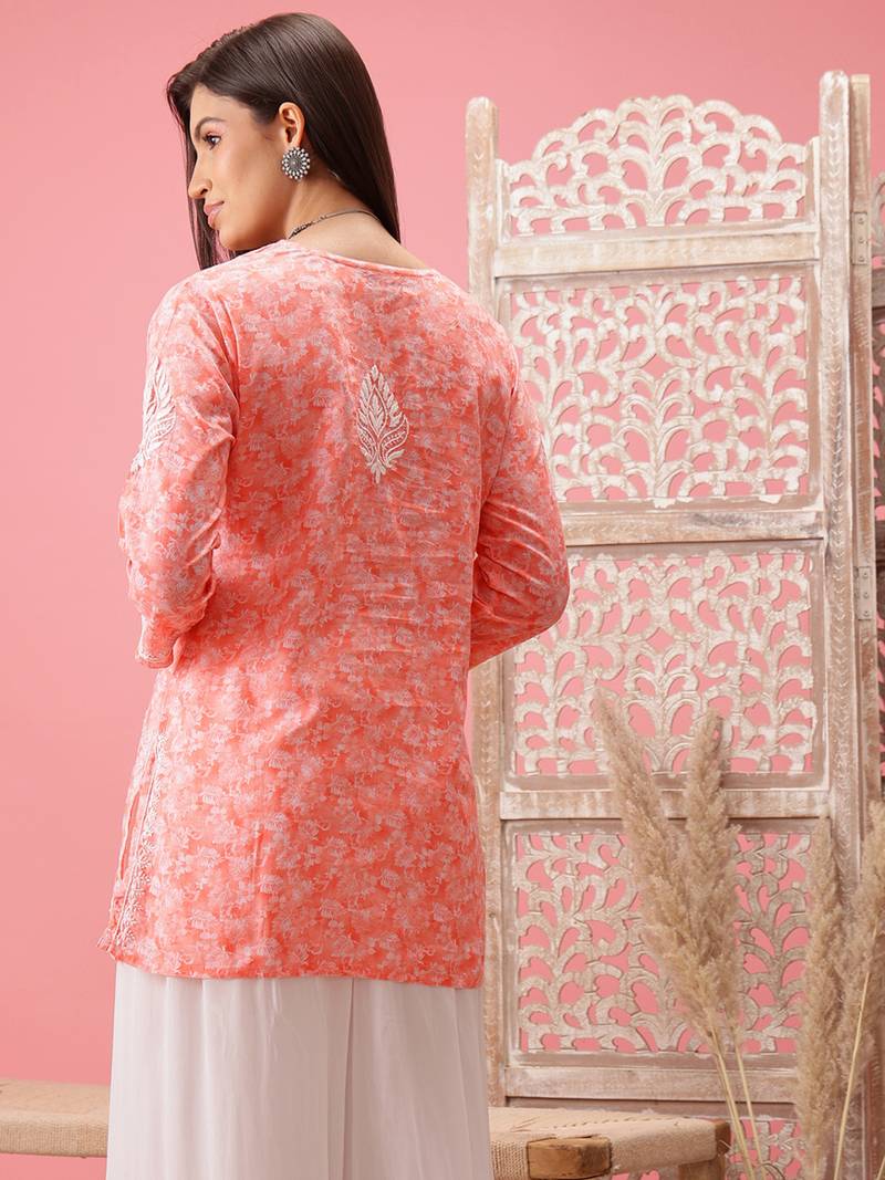 Hand Crafted Peach Cotton Lucknowi Chikankari Indian Women Short Kurti