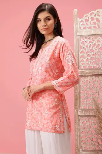Hand Crafted Peach Cotton Lucknowi Chikankari Indian Women Short Kurti