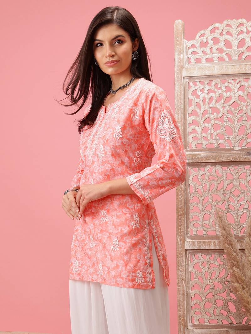Hand Crafted Peach Cotton Lucknowi Chikankari Indian Women Short Kurti