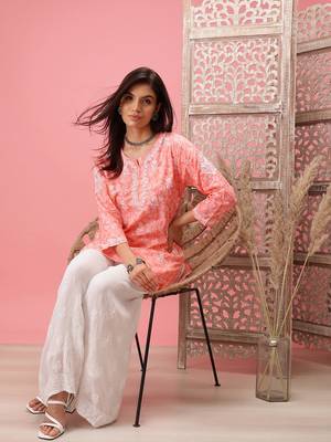 Hand Crafted Peach Cotton Lucknowi Chikankari Indian Women Short Kurti 5