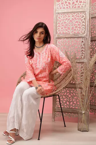 Hand Crafted Peach Cotton Lucknowi Chikankari Indian Women Short Kurti