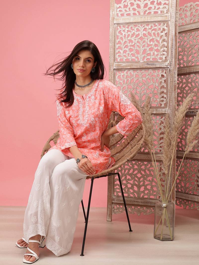 Hand Crafted Peach Cotton Lucknowi Chikankari Indian Women Short Kurti