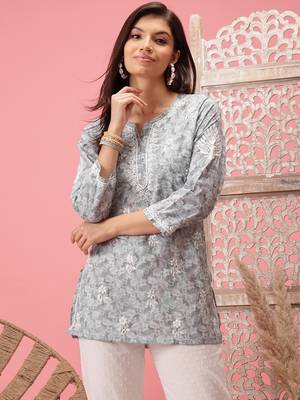 Handmade Grey Cotton Lucknowi Chikankari Indian Women Short Kurti 1