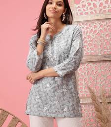 Handmade Grey Cotton Lucknowi Chikankari Indian Women Short Kurti