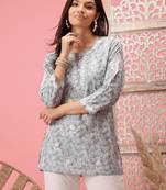 Handmade Grey Cotton Lucknowi Chikankari Indian Women Short Kurti