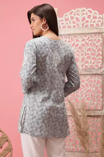 Handmade Grey Cotton Lucknowi Chikankari Indian Women Short Kurti