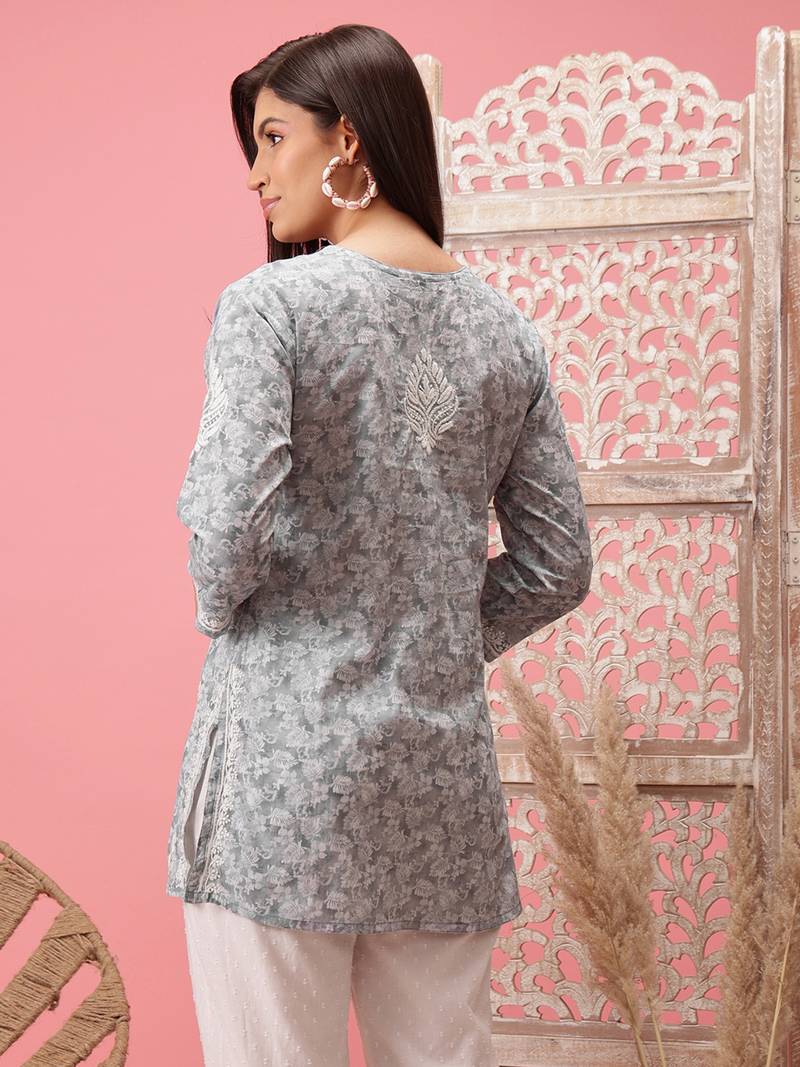 Handmade Grey Cotton Lucknowi Chikankari Indian Women Short Kurti