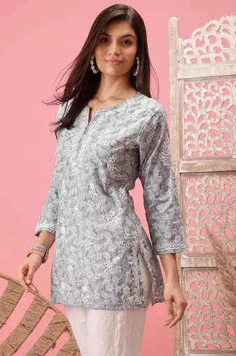 Handmade Grey Cotton Lucknowi Chikankari Indian Women Short Kurti