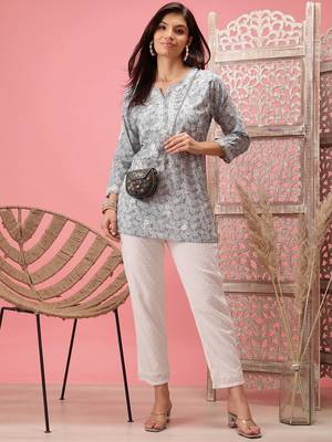 Handmade Grey Cotton Lucknowi Chikankari Indian Women Short Kurti 4