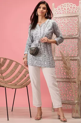 Handmade Grey Cotton Lucknowi Chikankari Indian Women Short Kurti