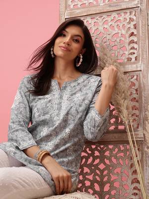 Handmade Grey Cotton Lucknowi Chikankari Indian Women Short Kurti 5