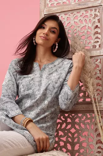 Handmade Grey Cotton Lucknowi Chikankari Indian Women Short Kurti