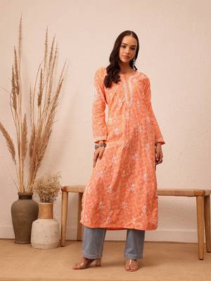 Hand Crafted Peach Cotton Lucknowi Chikankari Indian Women Kurta 1