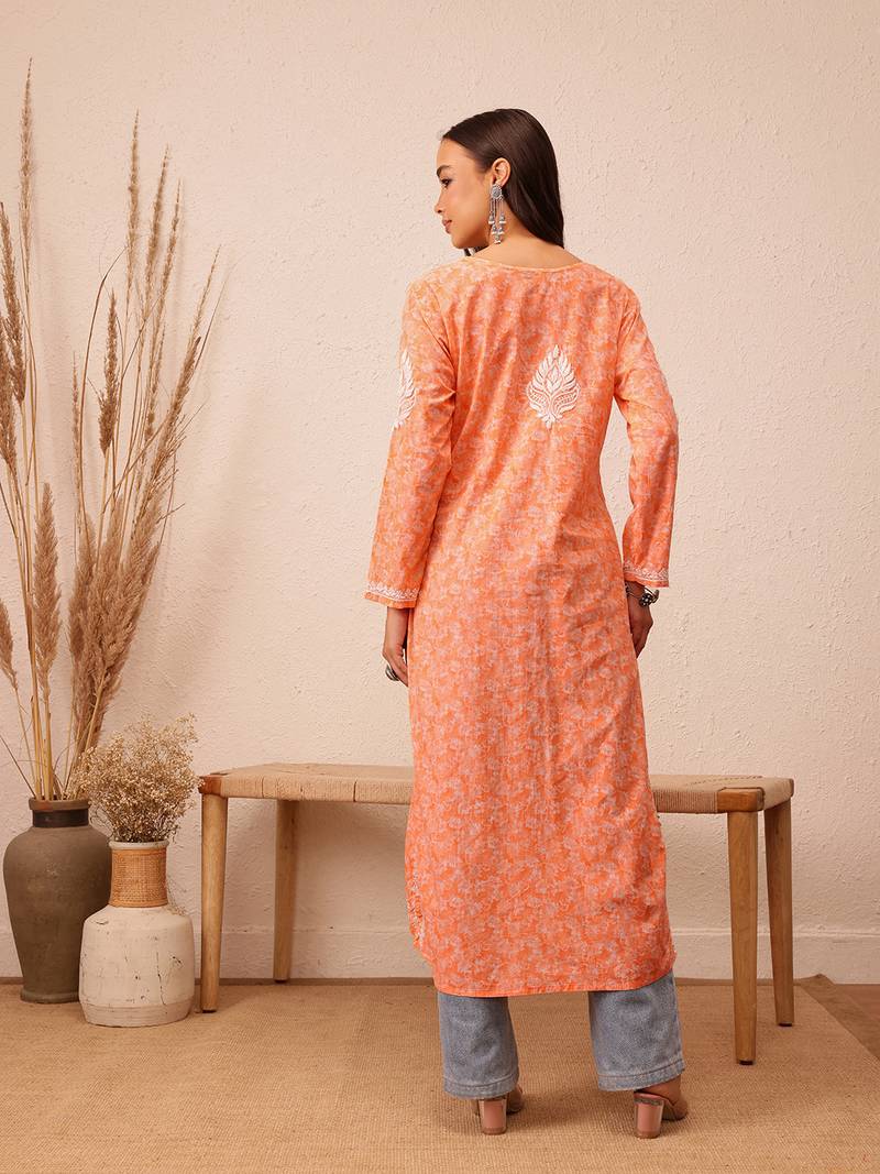 Hand Crafted Peach Cotton Lucknowi Chikankari Indian Women Kurta