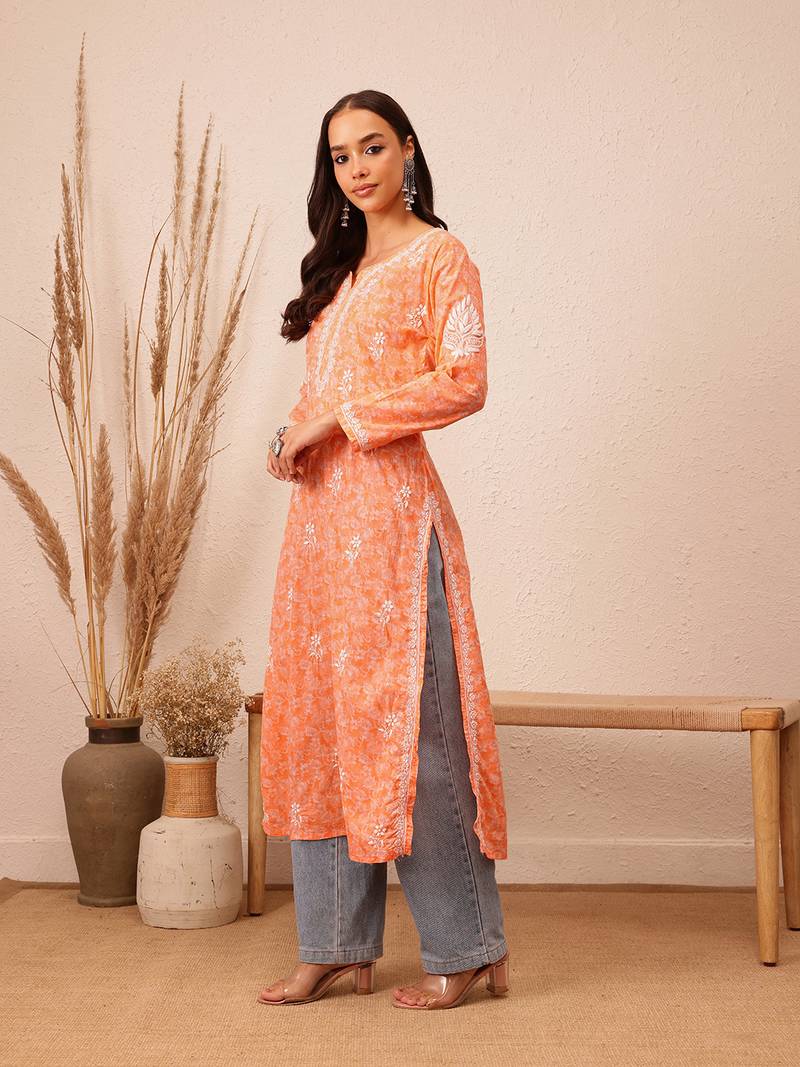Hand Crafted Peach Cotton Lucknowi Chikankari Indian Women Kurta