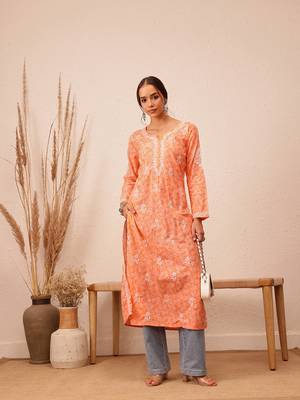 Hand Crafted Peach Cotton Lucknowi Chikankari Indian Women Kurta 4