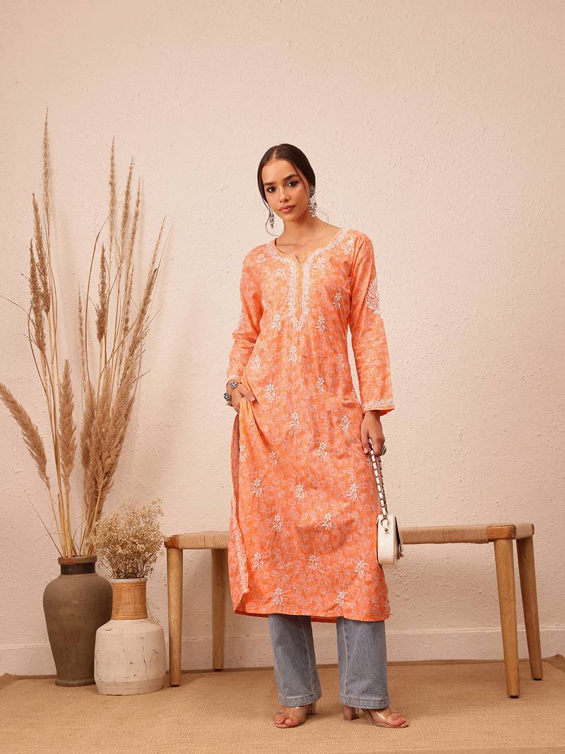 Hand Crafted Peach Cotton Lucknowi Chikankari Indian Women Kurta