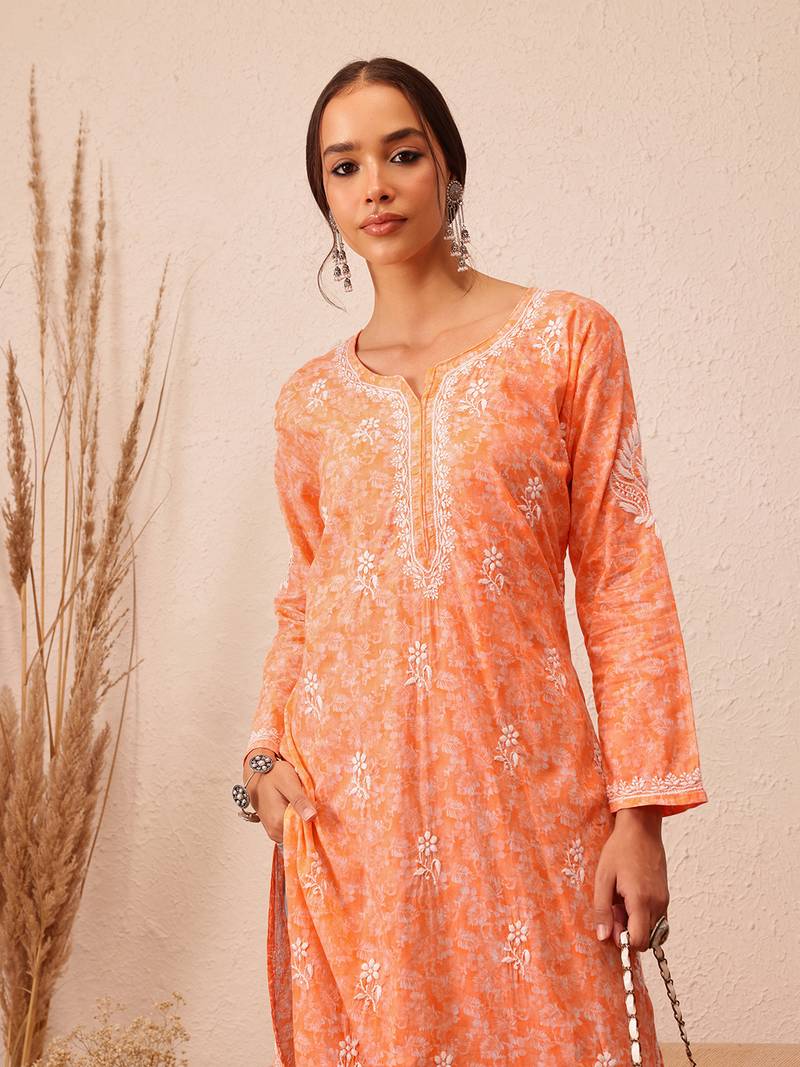 Hand Crafted Peach Cotton Lucknowi Chikankari Indian Women Kurta