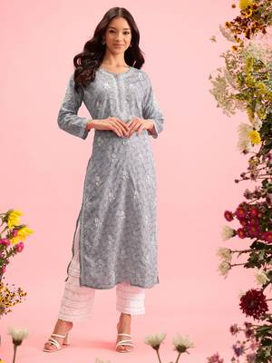Handmade Grey Cotton Lucknowi Chikankari Indian Women Kurta 1