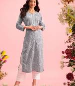 Handmade Grey Cotton Lucknowi Chikankari Indian Women Kurta
