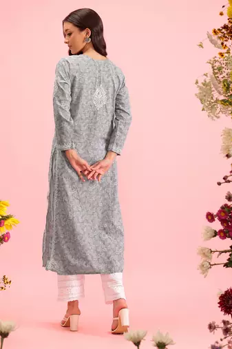 Handmade Grey Cotton Lucknowi Chikankari Indian Women Kurta