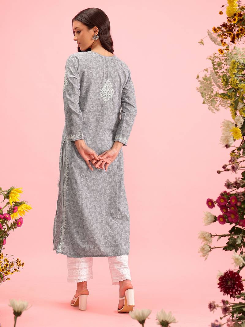 Handmade Grey Cotton Lucknowi Chikankari Indian Women Kurta
