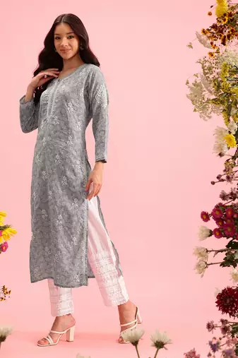 Handmade Grey Cotton Lucknowi Chikankari Indian Women Kurta