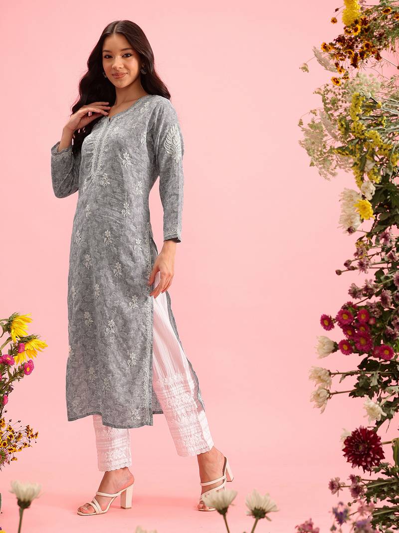 Handmade Grey Cotton Lucknowi Chikankari Indian Women Kurta