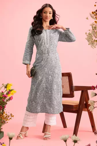 Handmade Grey Cotton Lucknowi Chikankari Indian Women Kurta