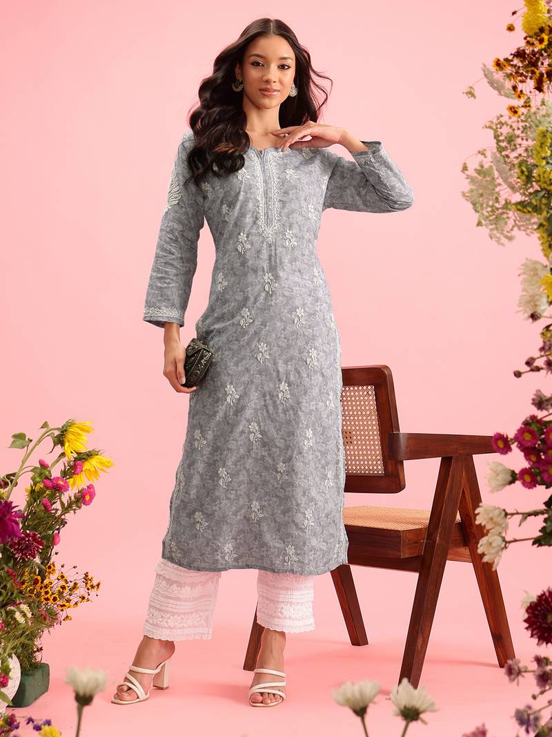 Handmade Grey Cotton Lucknowi Chikankari Indian Women Kurta