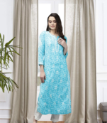 Handmade Blue Cotton Lucknowi Chikankari Indian Women Kurta