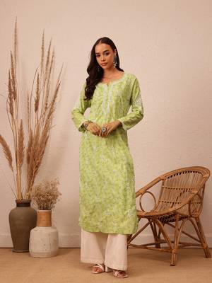 Hand Crafted Green Cotton Lucknowi Chikankari Indian Women Kurta 1