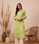 Hand Crafted Green Cotton Lucknowi Chikankari Indian Women Kurta