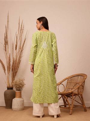 Hand Crafted Green Cotton Lucknowi Chikankari Indian Women Kurta 2